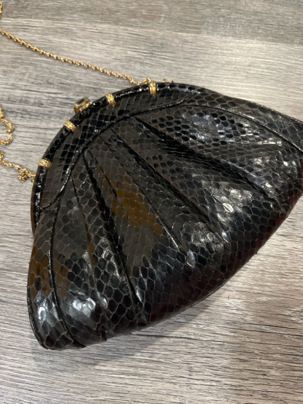 Vintage Black Snakeskin Clutch | Gold Chain Strap | 1980s Glam - Picture 5 of 13